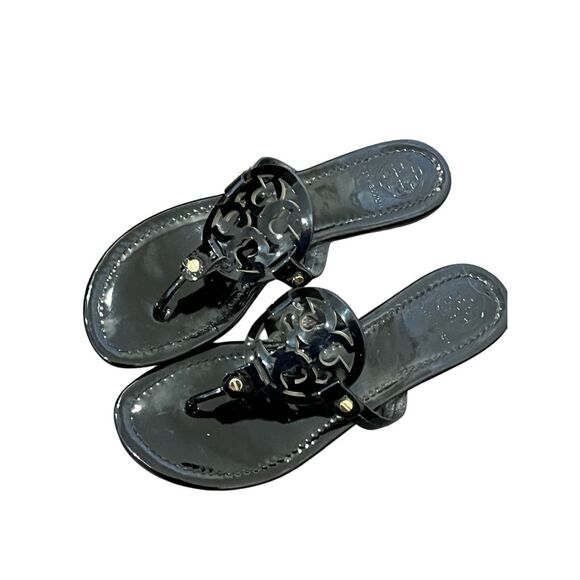 SZ 9 Tory Burch Miller Patent Logo Embellished Sandals Flip Flops in Bla… - Picture 6 of 13